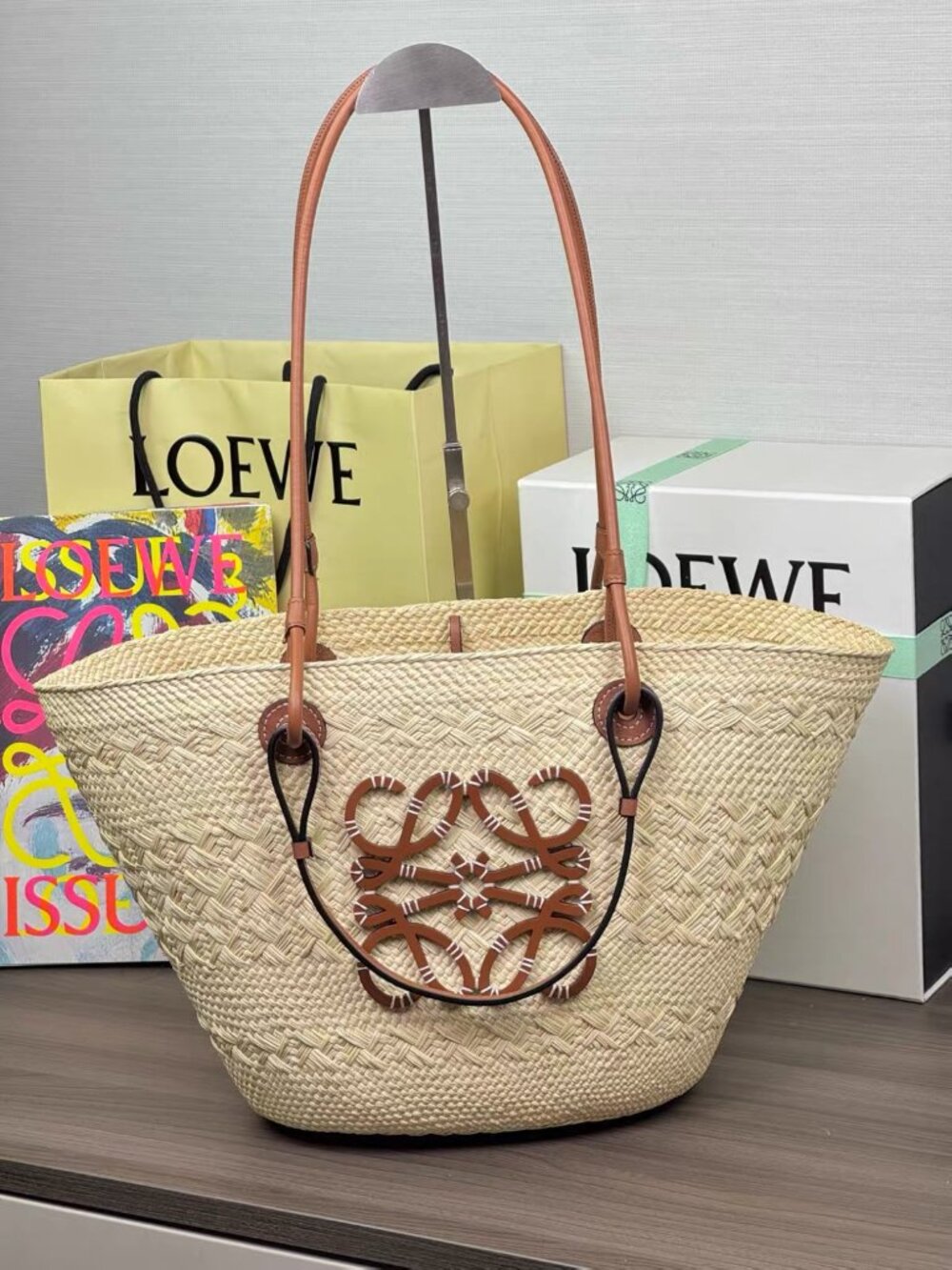 Loewe Anagram Woven Palm Leaf Basket Tote Bag